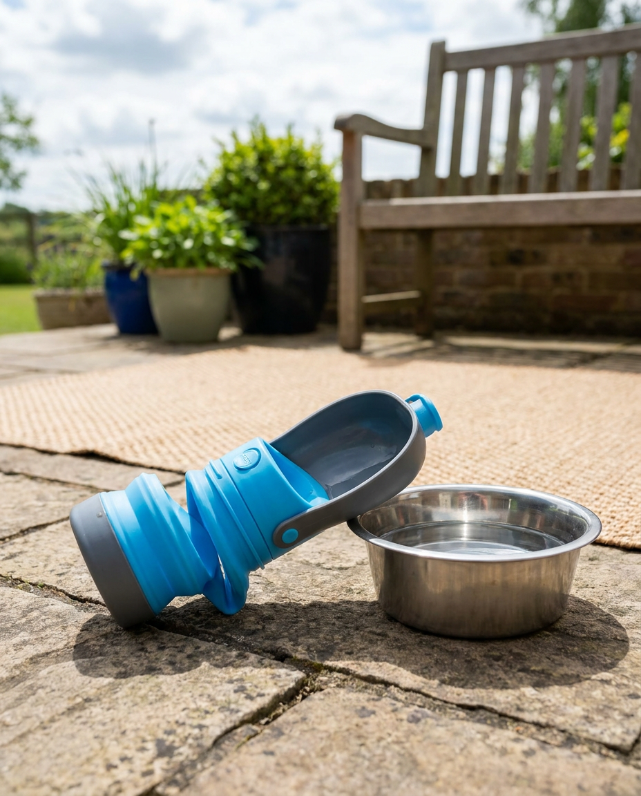 Foldable Dog Water Bottle on a backyard patio