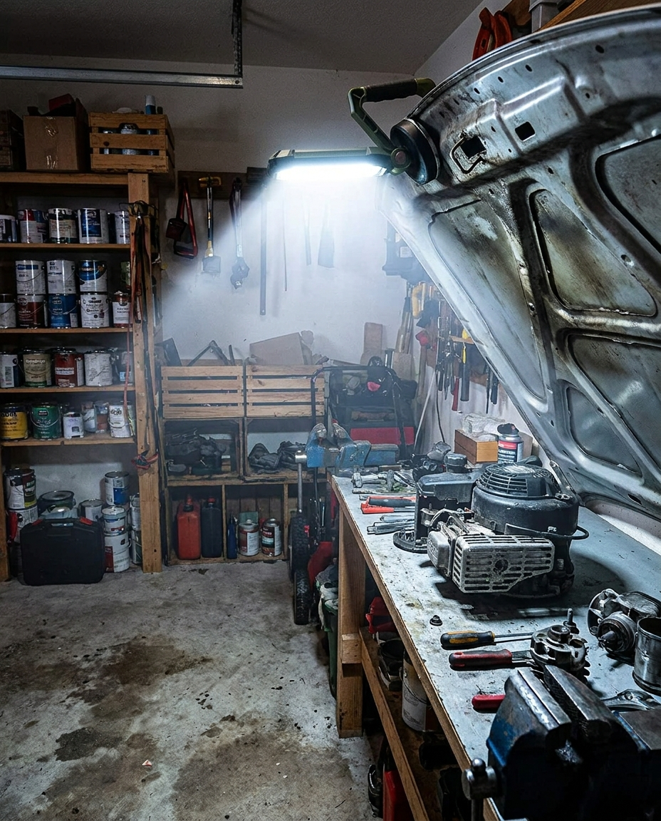 Rechargeable LED Work Light with Magnetic Base in a garage workshop