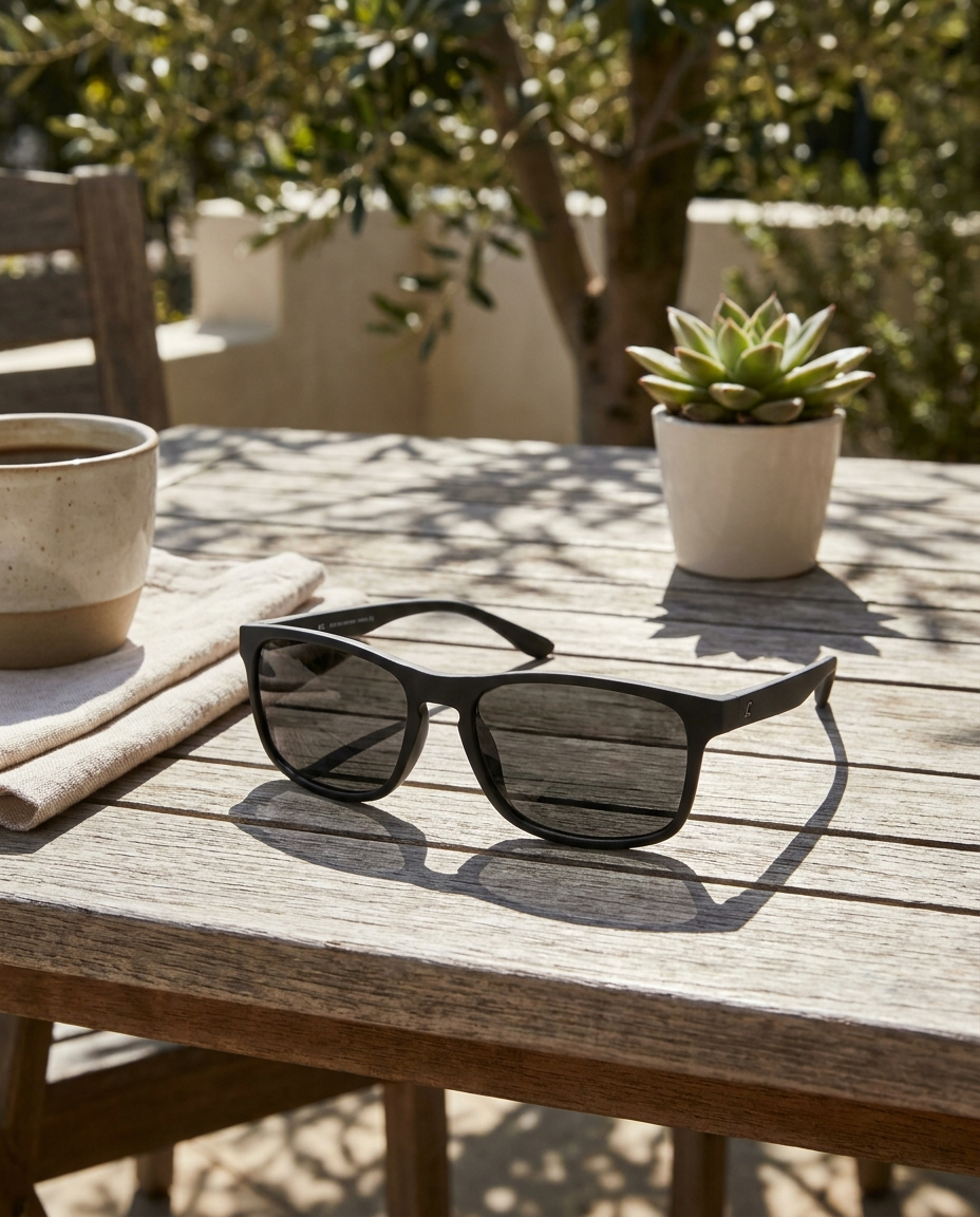 Photochromic UV Sunglasses for Men on an outdoor table