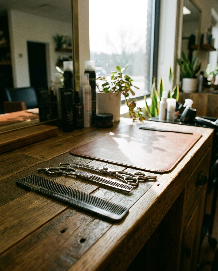 Cutting and thinning scissors on a salon styling station