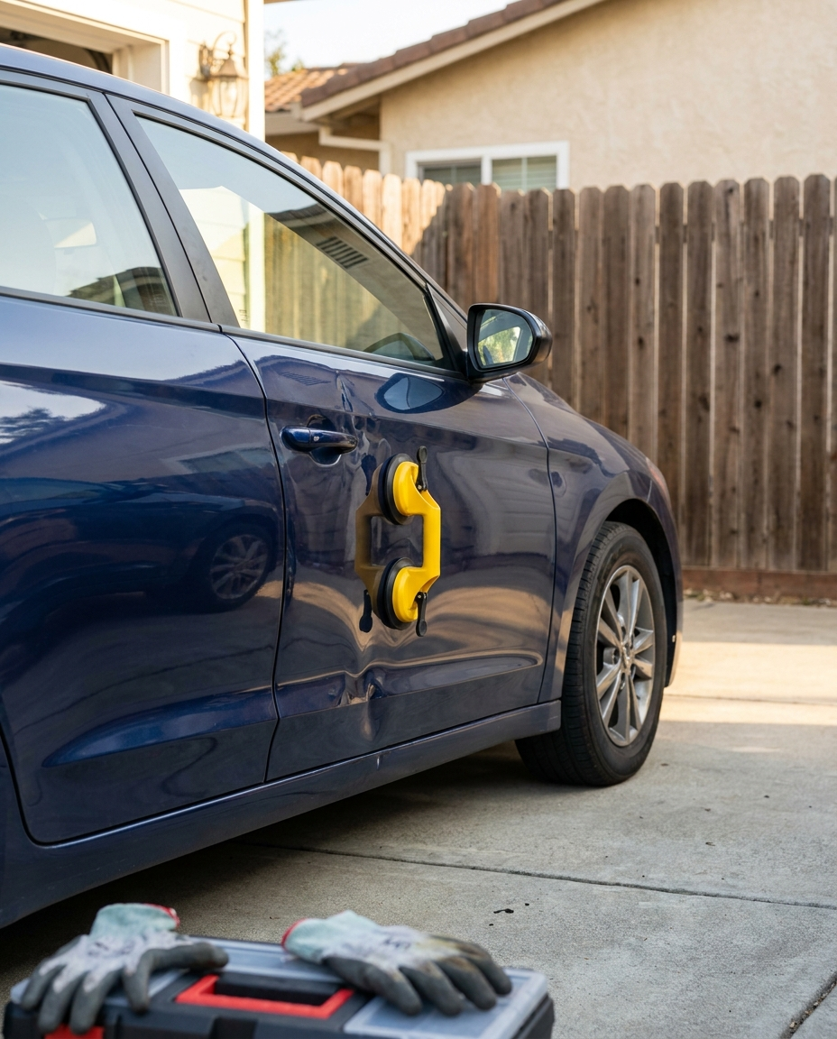 Car Dent Repair Tool pulling out a dent on a car panel
