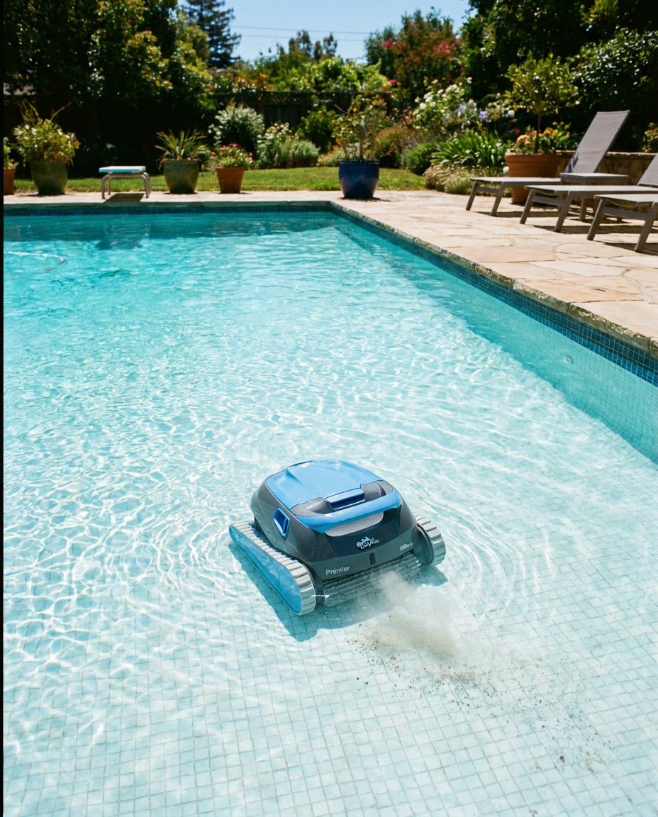 Cordless Pool Cleaner cleaning the bottom of a backyard pool
