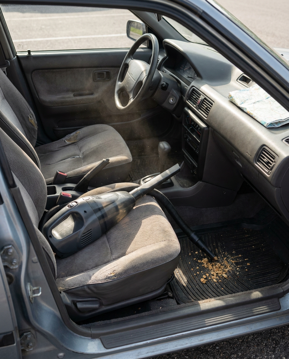 Portable Car Vacuum Cleaner vacuuming a parked car