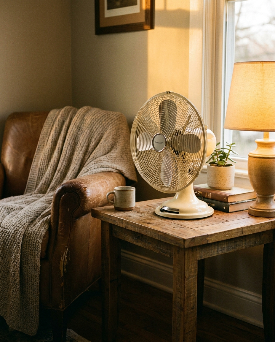 Portable tabletop fan in a cozy living space