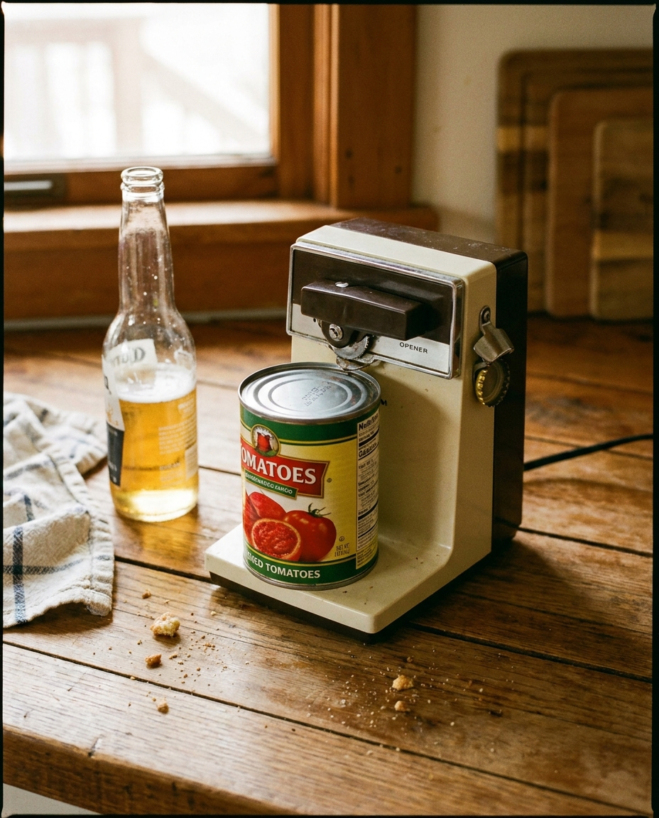Electric Can Opener and Bottle Opener in use on a kitchen counter