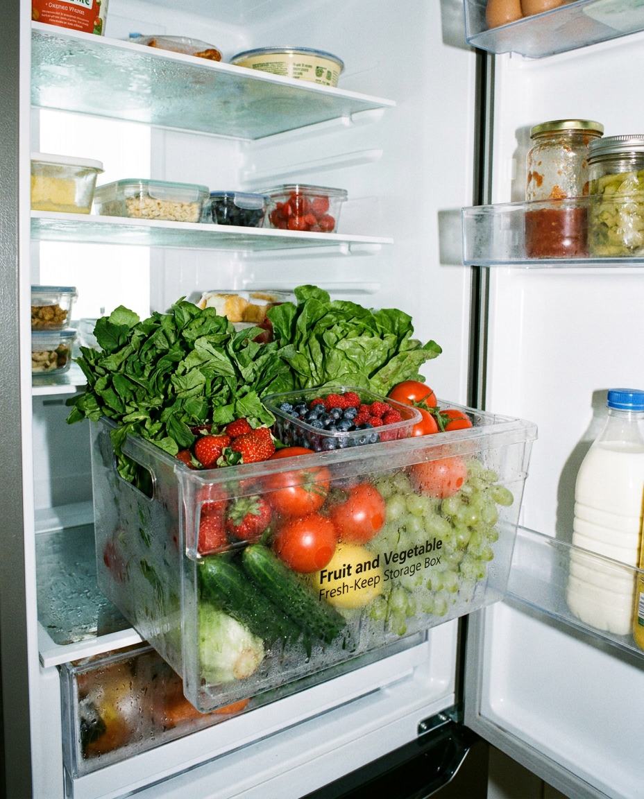 Fruit and Vegetable Fresh-Keep Storage Box filled with produce in a refrigerator