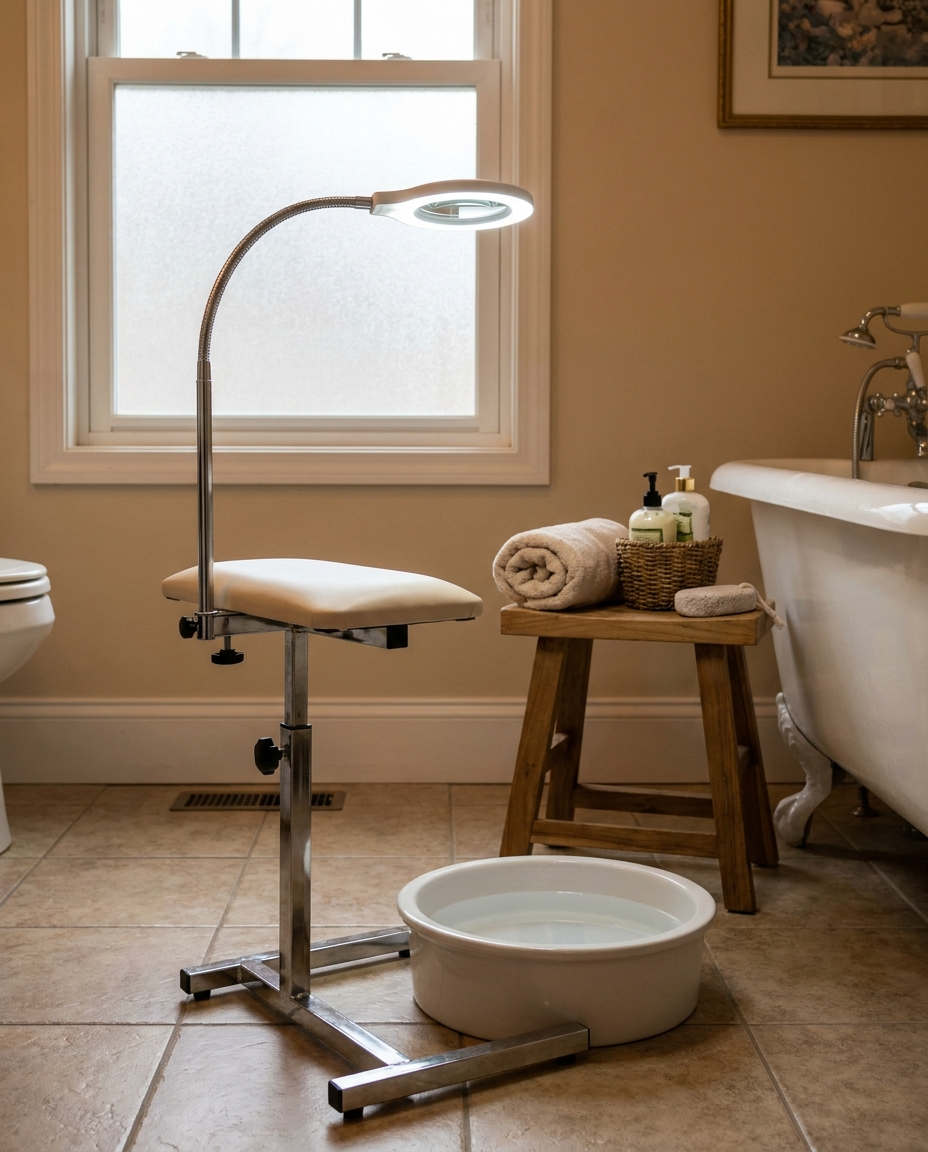 Adjustable Pedicure Rest with LED Magnifier set up for at-home pedicure