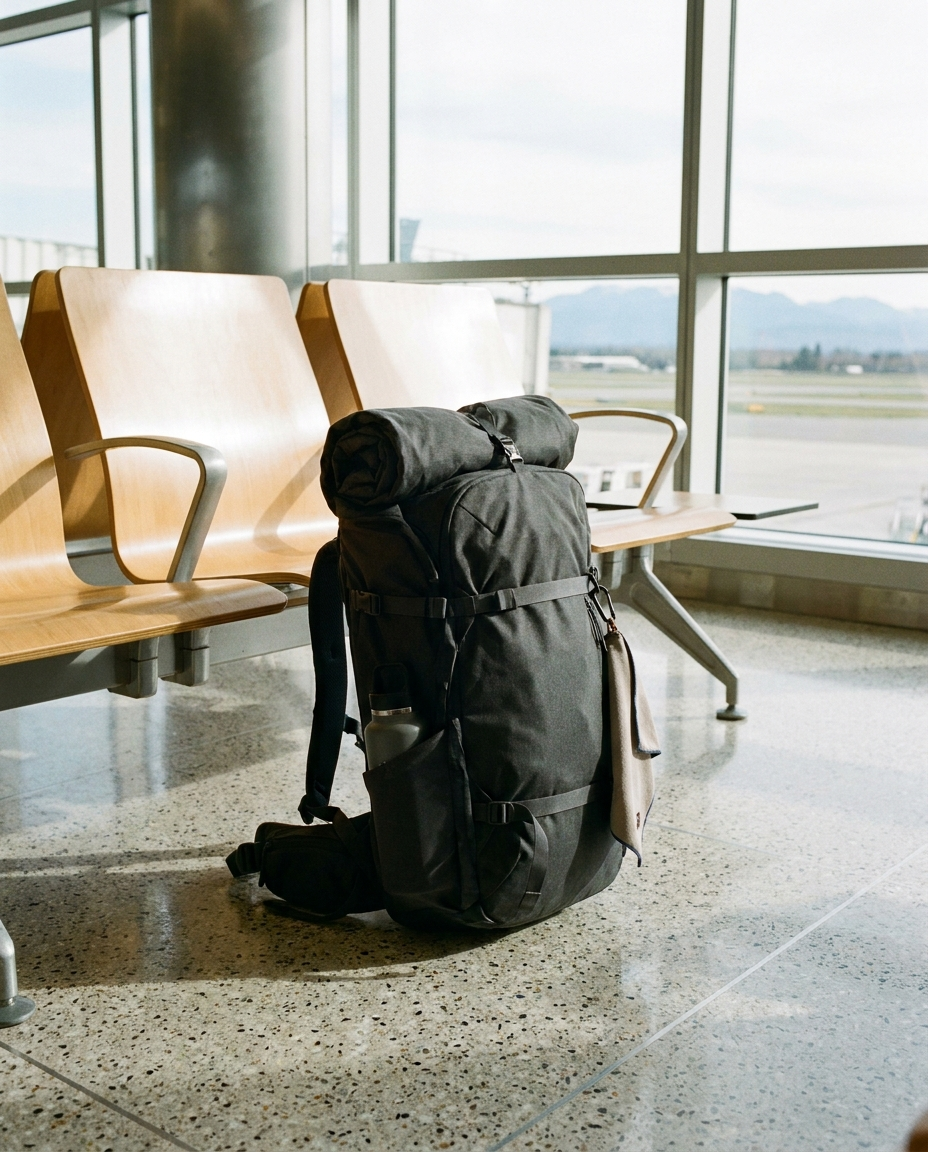 Compression Travel Backpack in an airport terminal