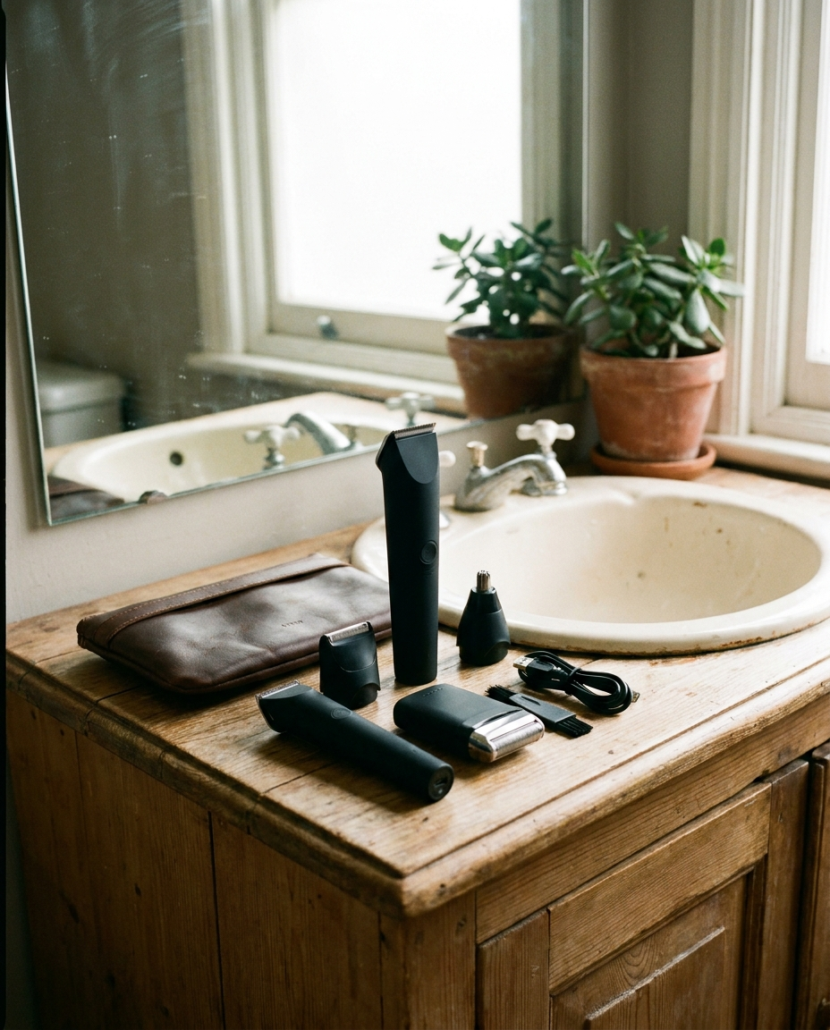 4-in-1 Precision Grooming Kit on a home bathroom vanity