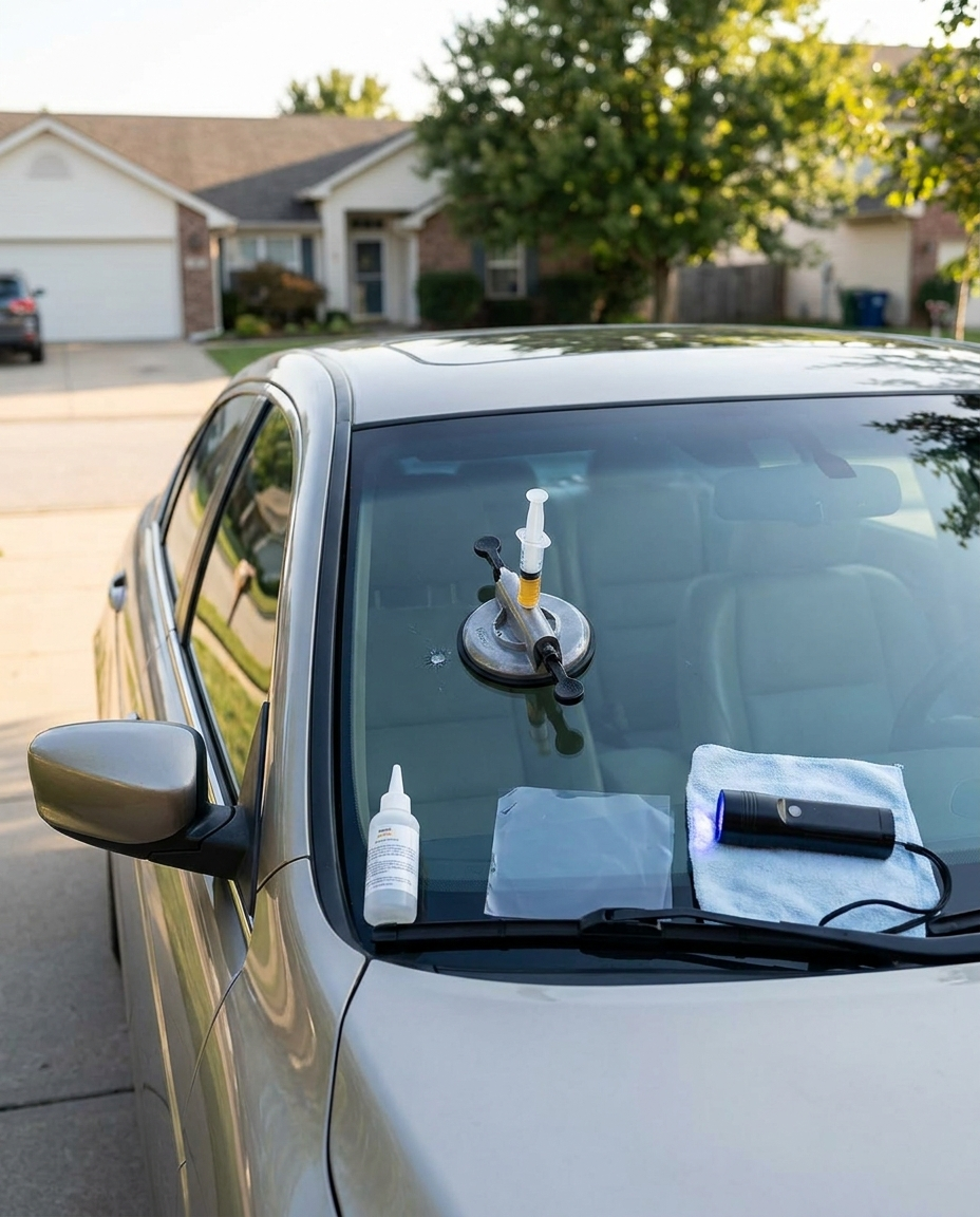 Windshield Repair Kit repairing a chip on a car windshield