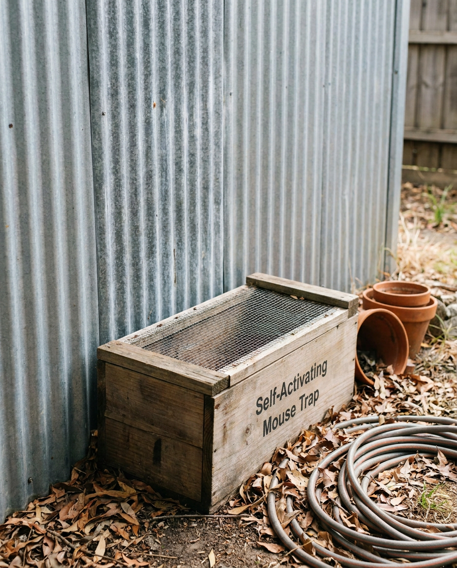 Self-Activating Mouse Trap along a garage wall