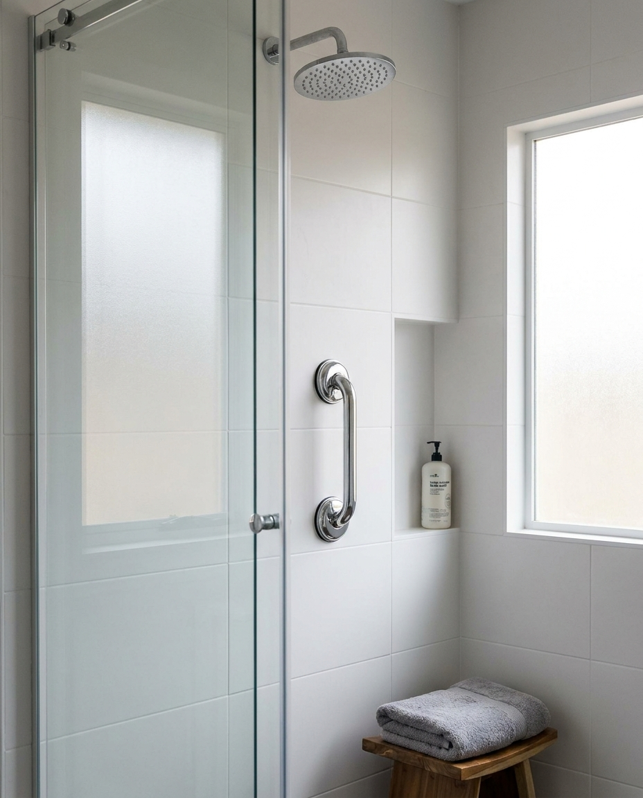 Suction Grab Bar mounted on a bathroom shower wall