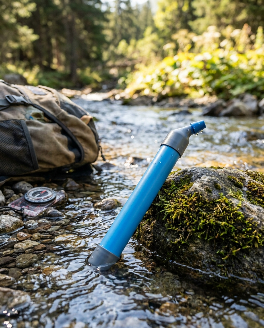 Portable Water Filter Straw used at a stream while hiking