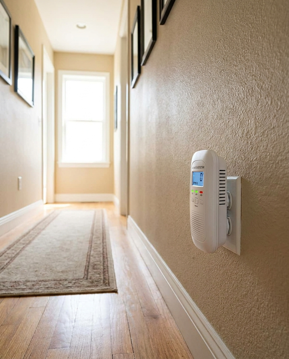 Plug-In Household Gas and CO Detection Unit in a home hallway