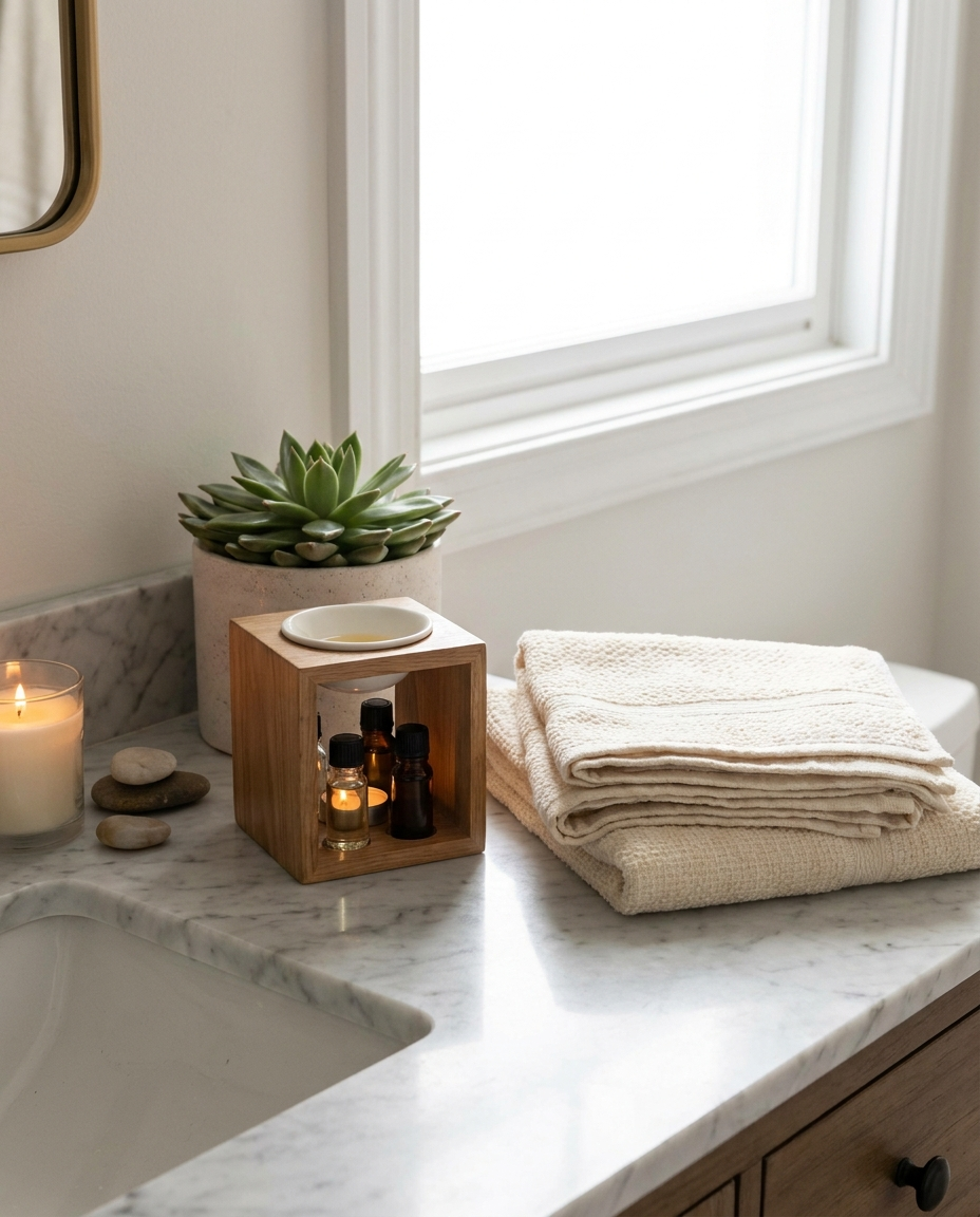 Massage Oil Warmer set up on a bathroom vanity