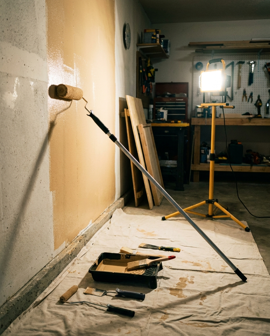 Paint Roller Brush Kit painting a wall in a garage