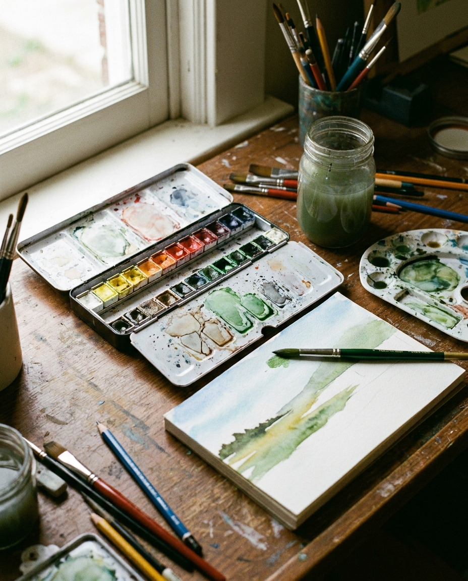 Watercolor Paint Set in use on a home art desk