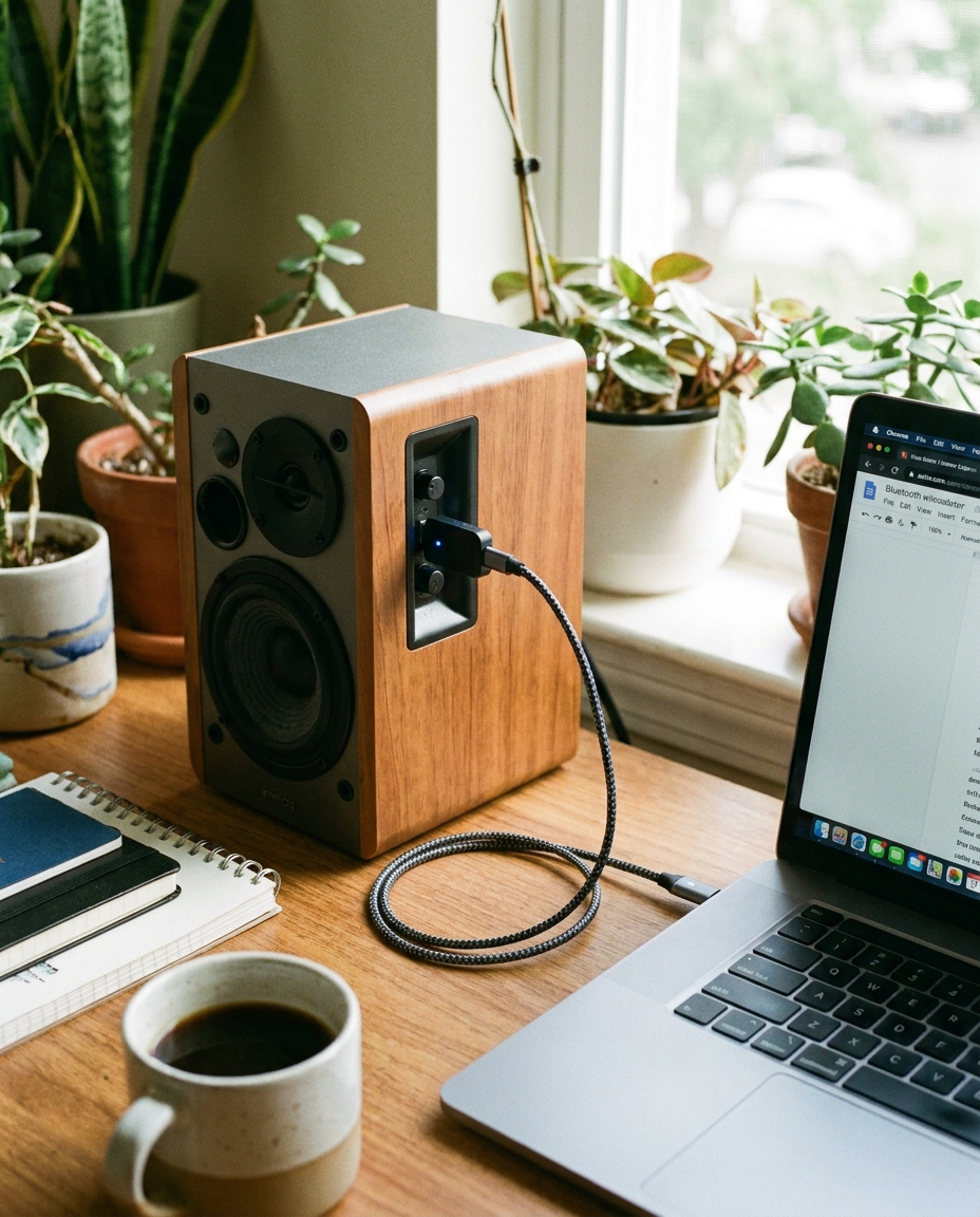 Bluetooth Wireless Adapter connected to a home desk setup