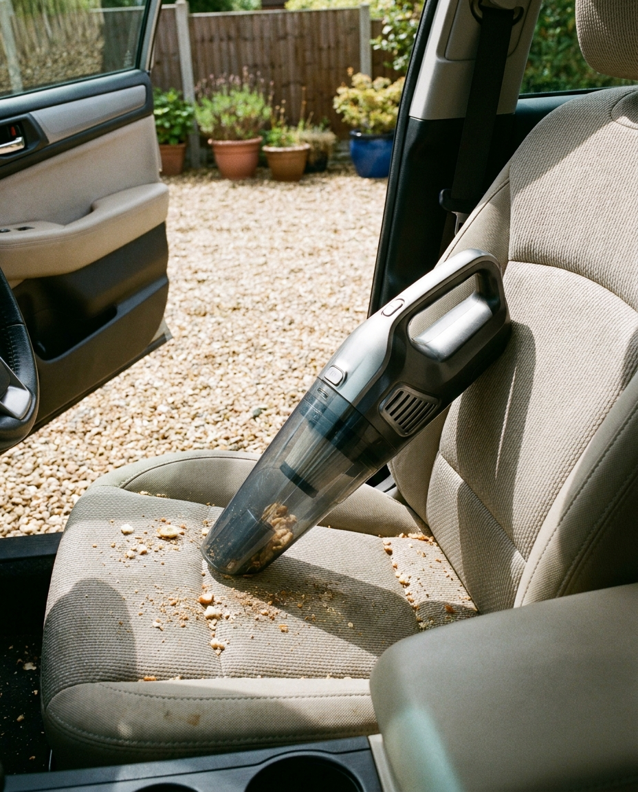 Cordless Car Vacuum Cleaner vacuuming a car seat