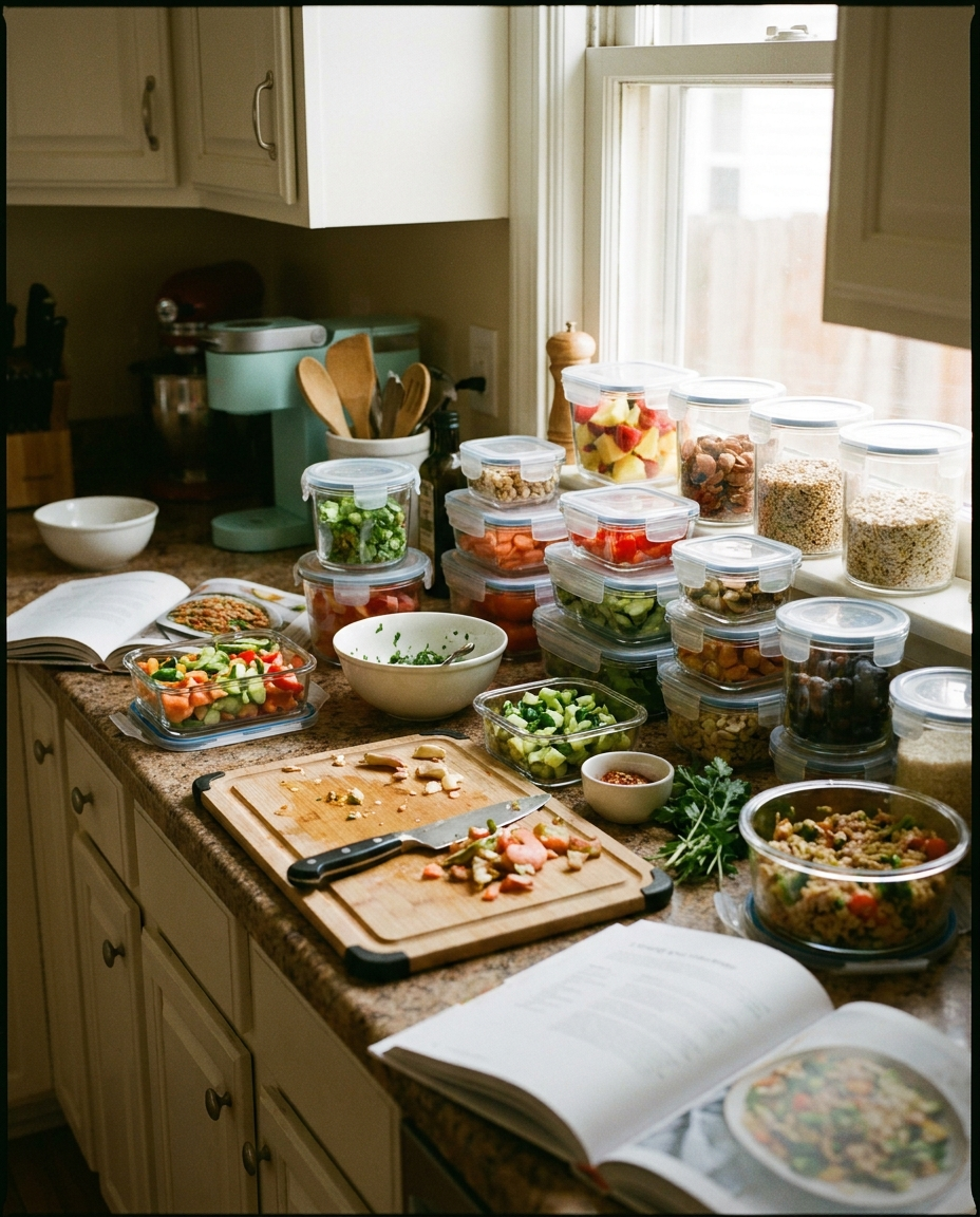 35-piece food storage container set in use during kitchen meal prep