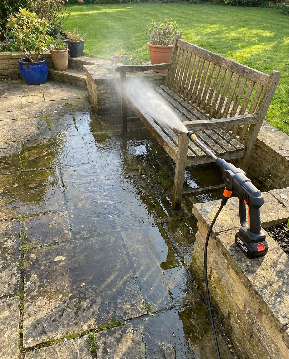 Cordless high pressure spray water gun cleaning a backyard patio