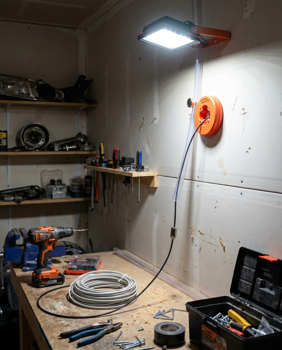 Magnetic cable wire puller guide system in use in a garage workshop