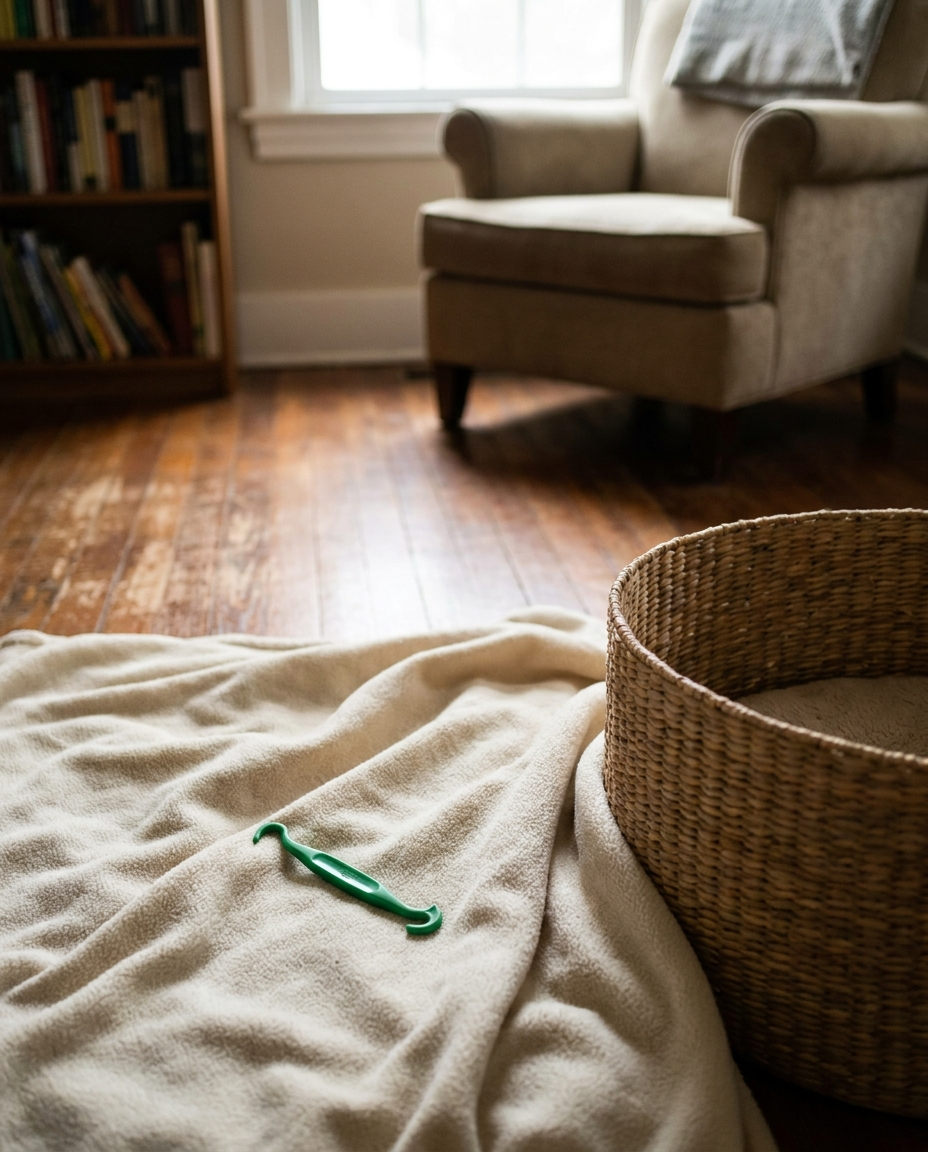 Tick removal device for dogs staged in a home living room