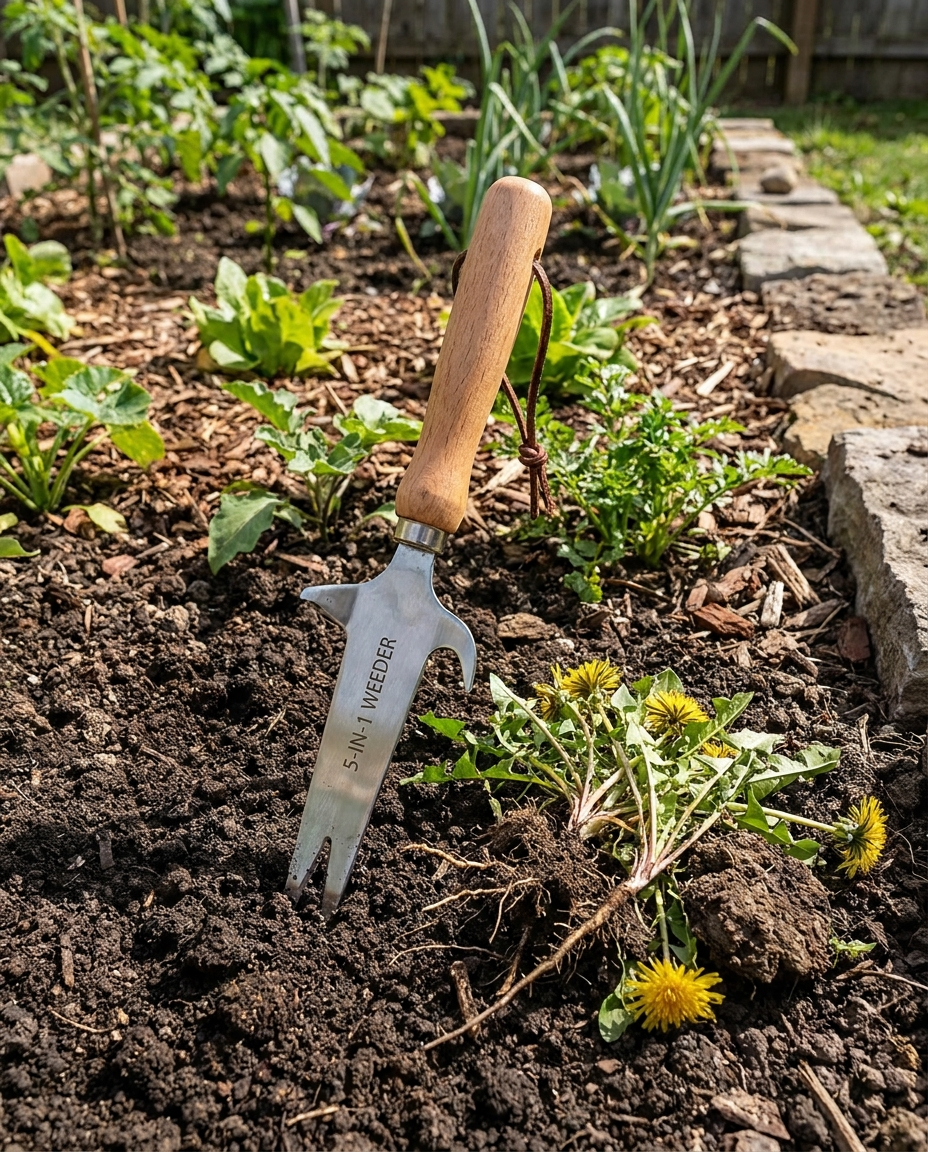 5-in-1 stainless steel weed puller tool in a backyard garden