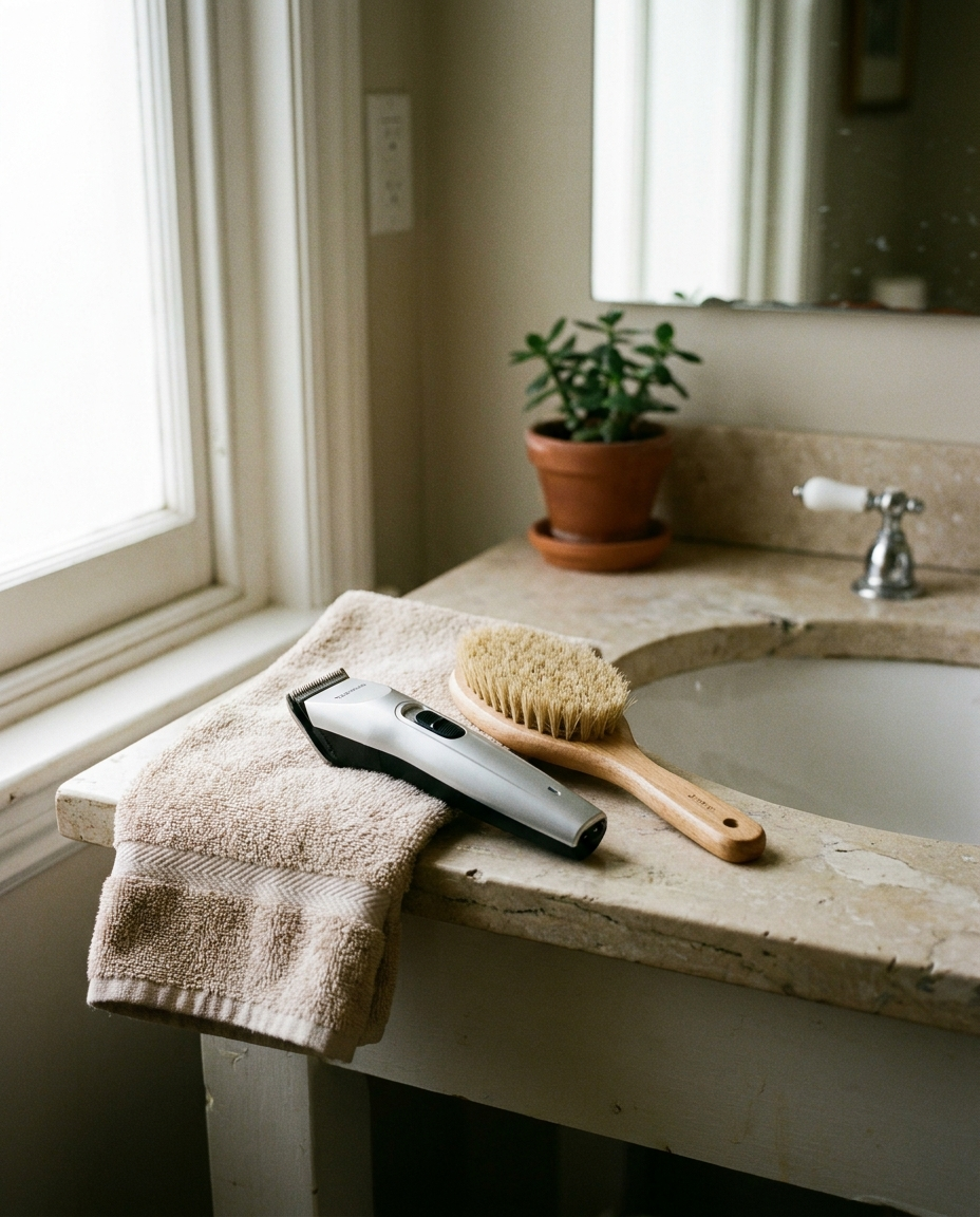 Precision pet grooming trimmer on a home bathroom counter