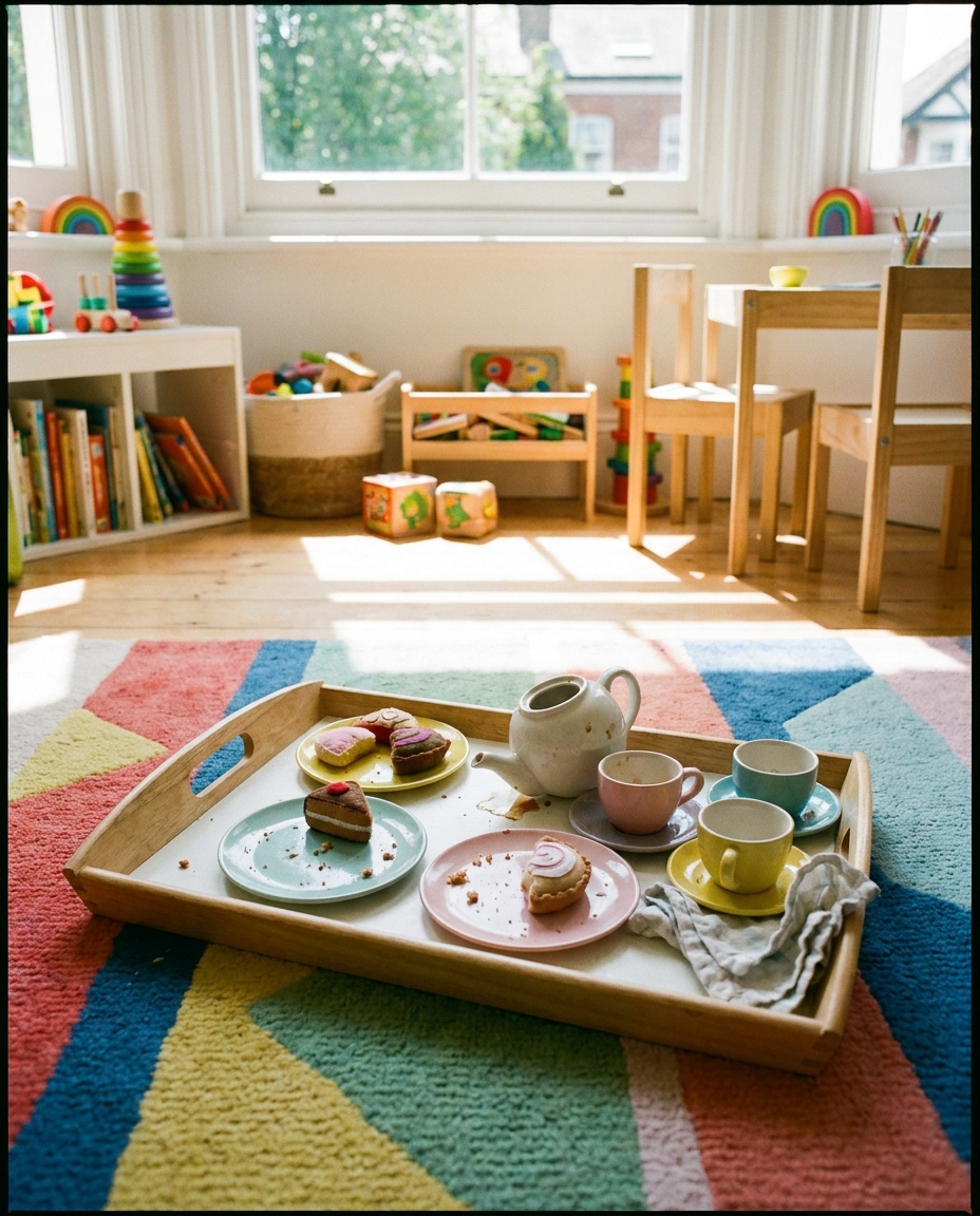 Children's pretend afternoon tea set staged in a playroom
