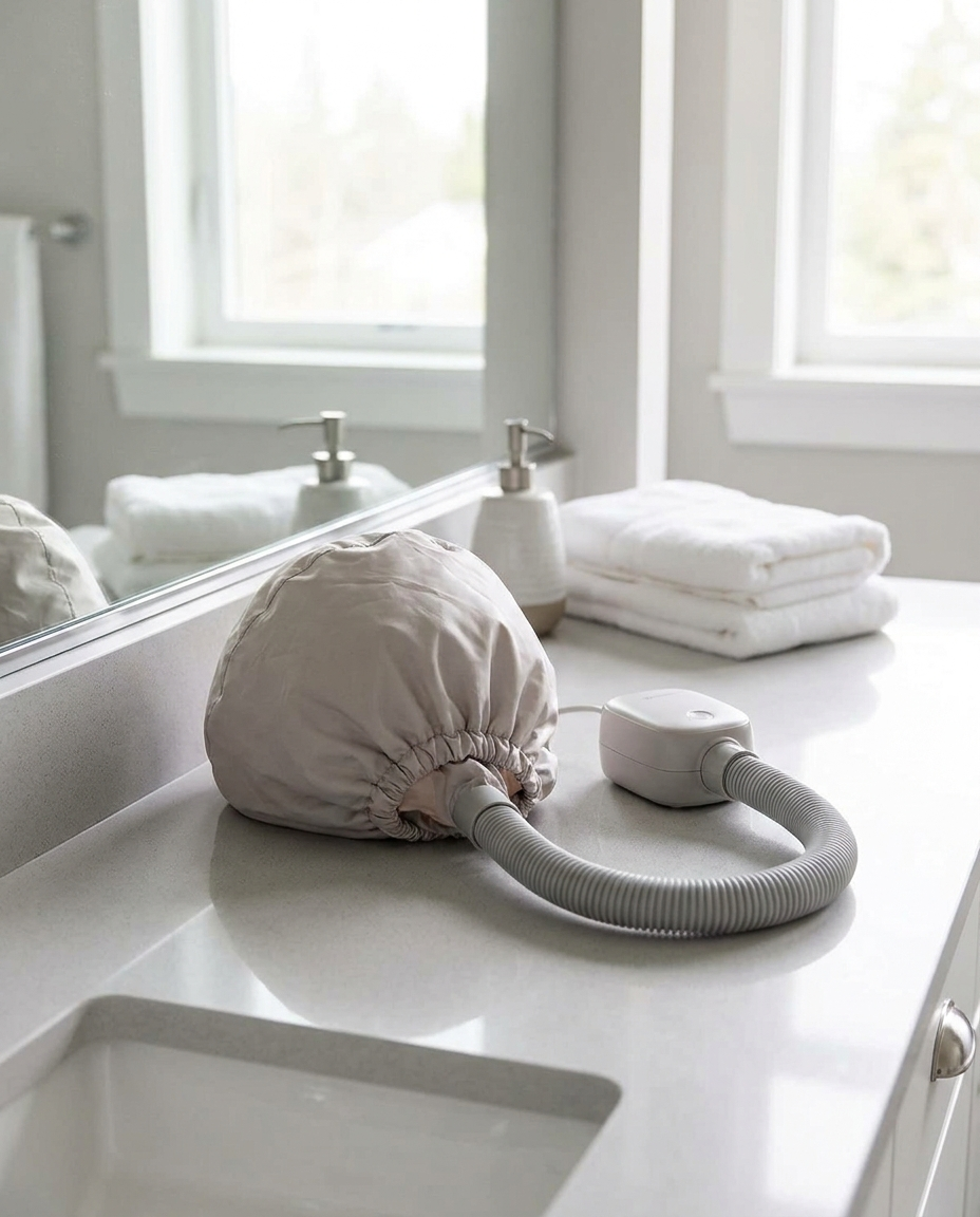 Portable hair bonnet dryer cap on a modern bathroom counter
