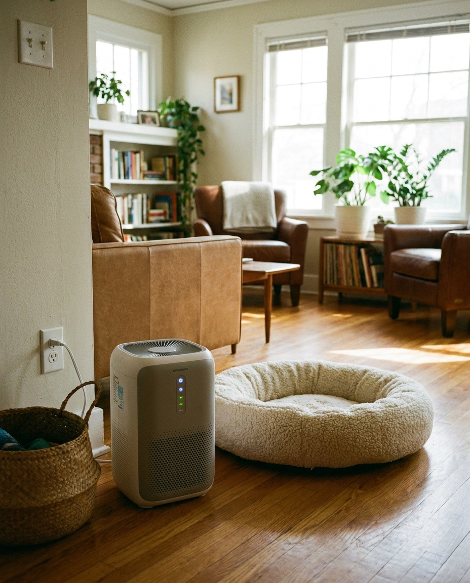Pet air purifier running in a home living room