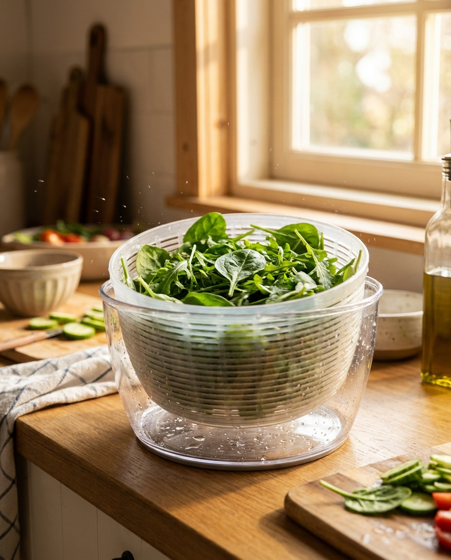 Spin and drain salad bowl in use during kitchen meal prep