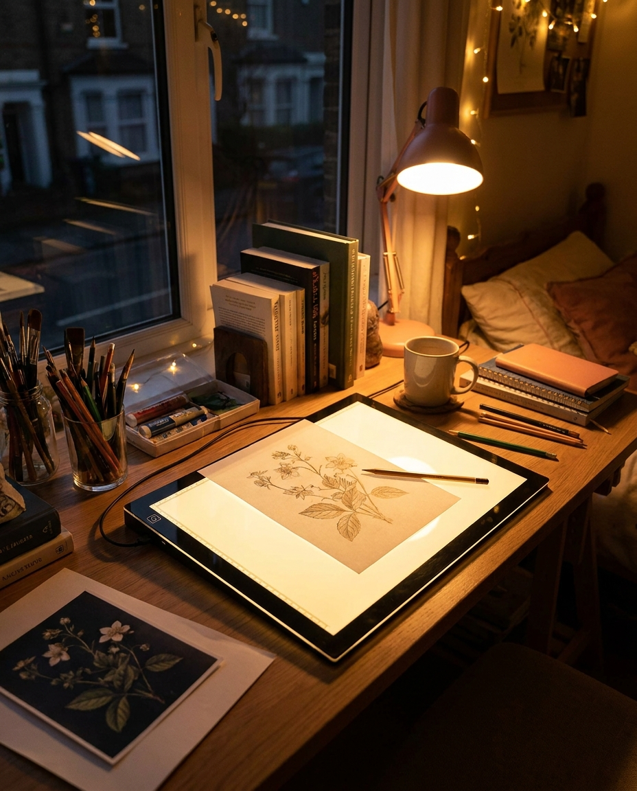 A4 LED tracing light box in use in a cozy bedroom