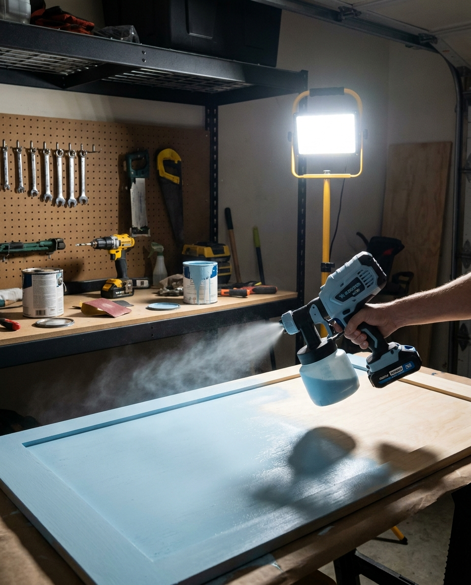 Cordless paint sprayer in use in a home garage workshop