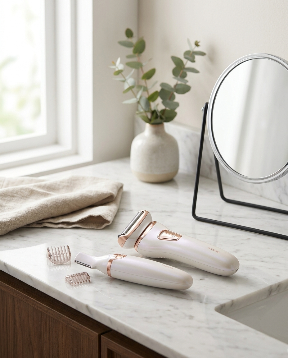 Women's electric shaver and bikini trimmer on a bathroom counter