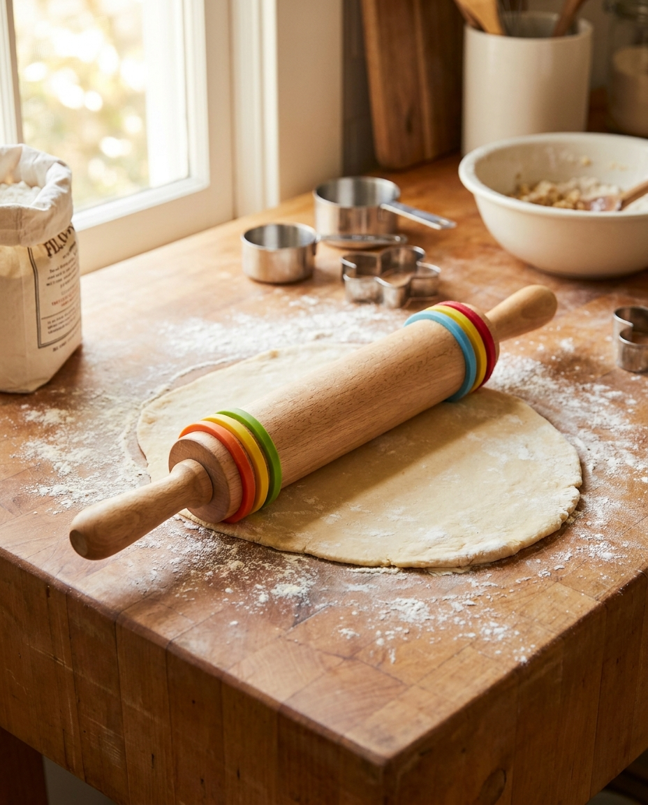 Adjustable rolling pin with rings rolling out dough in a kitchen