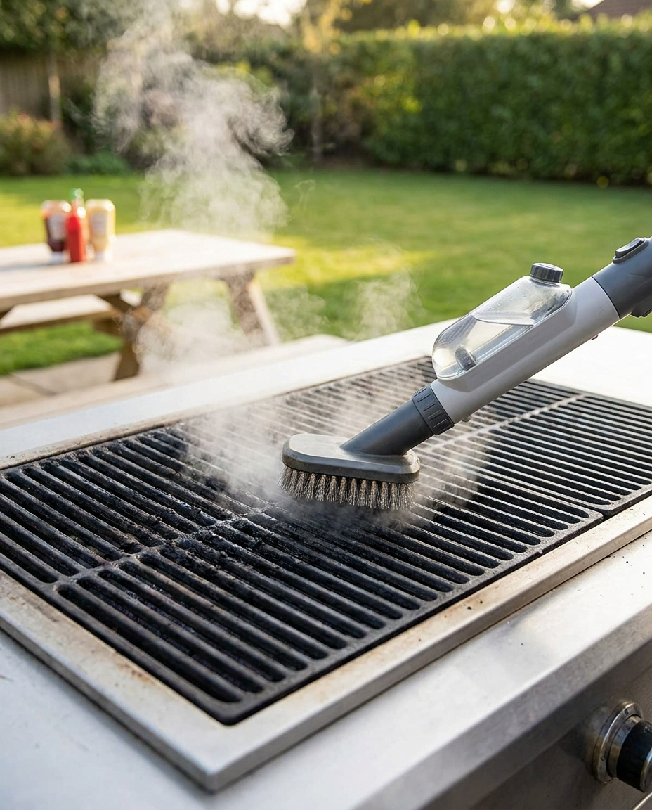 Steam cleaning grill brush cleaning a backyard barbecue grill