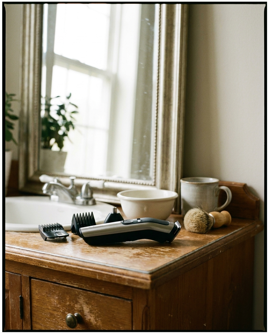 Men's multi-area grooming trimmer on a bathroom vanity
