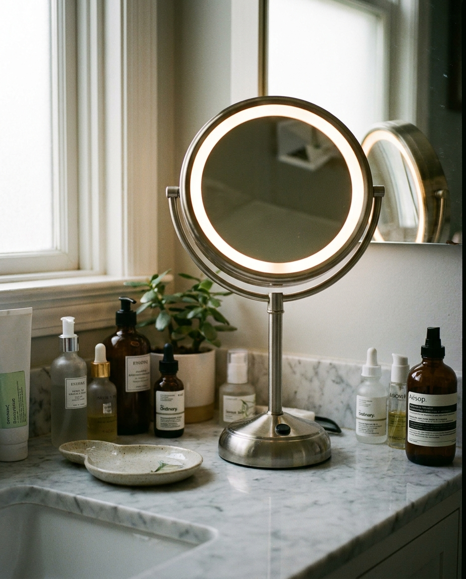 Rechargeable LED magnifying mirror lit up on a bathroom vanity