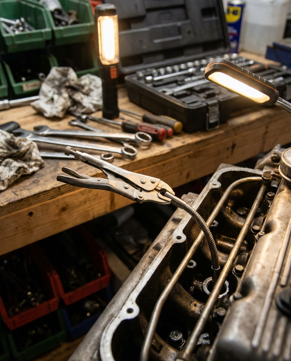 Foldable gripping pliers reaching into a tight workshop space