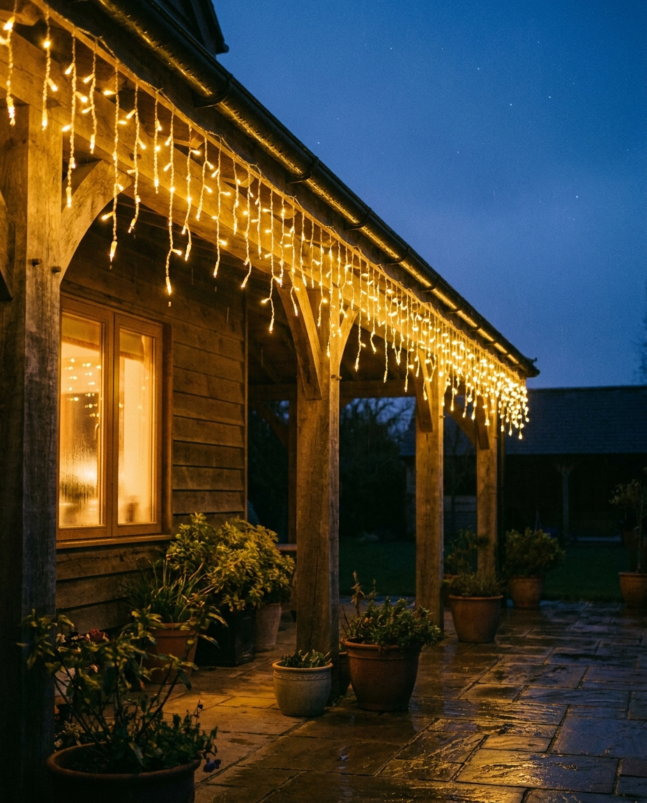 LED dripping icicle lights hanging along a porch eave at dusk