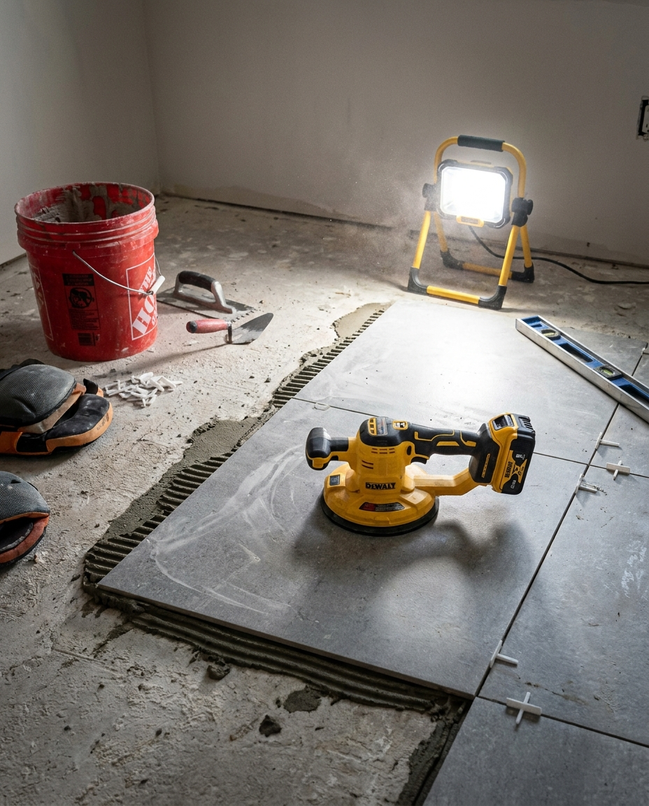 Tile suction and vibration tool laying floor tile during renovation