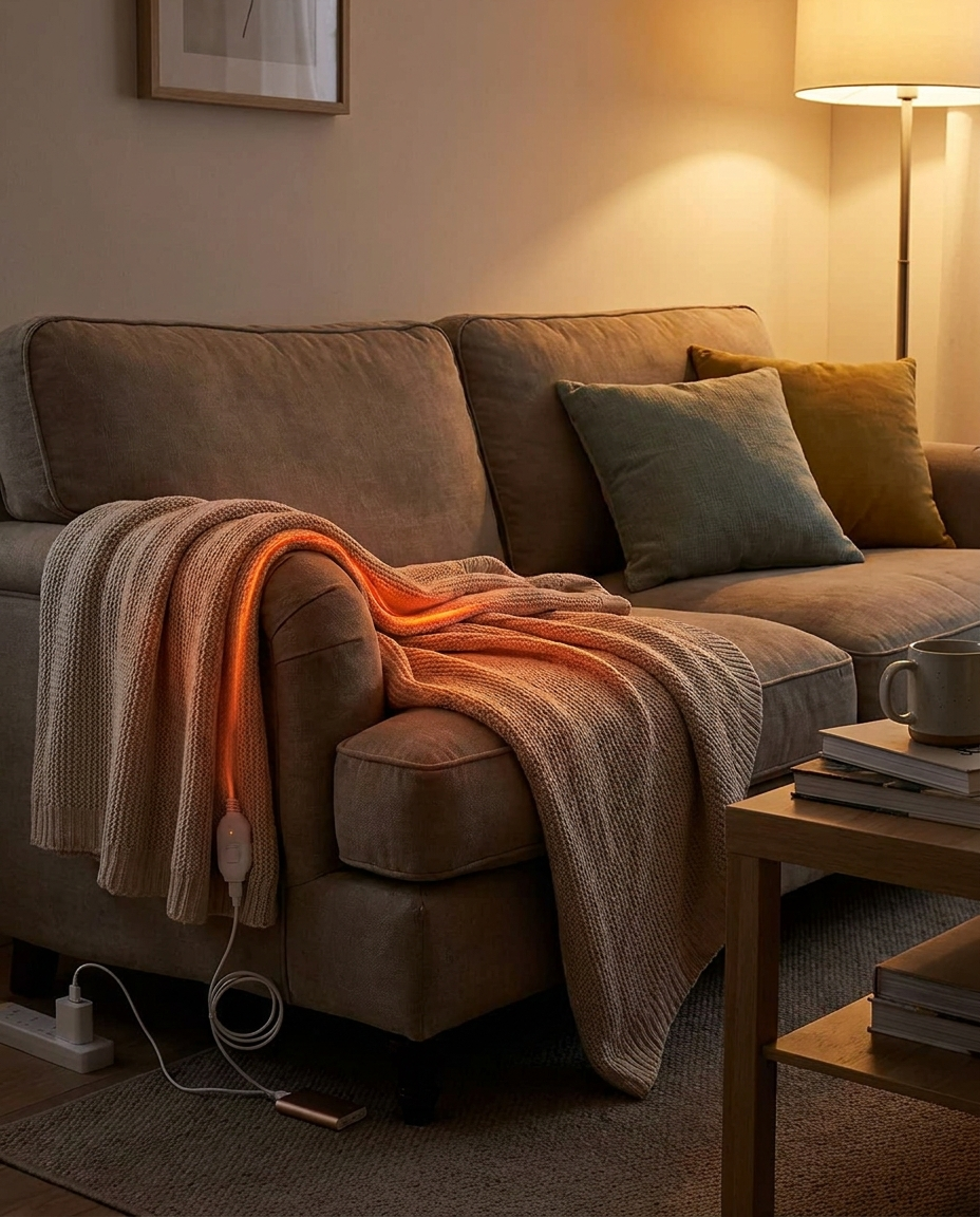 USB electric heated blanket draped over a couch in the evening
