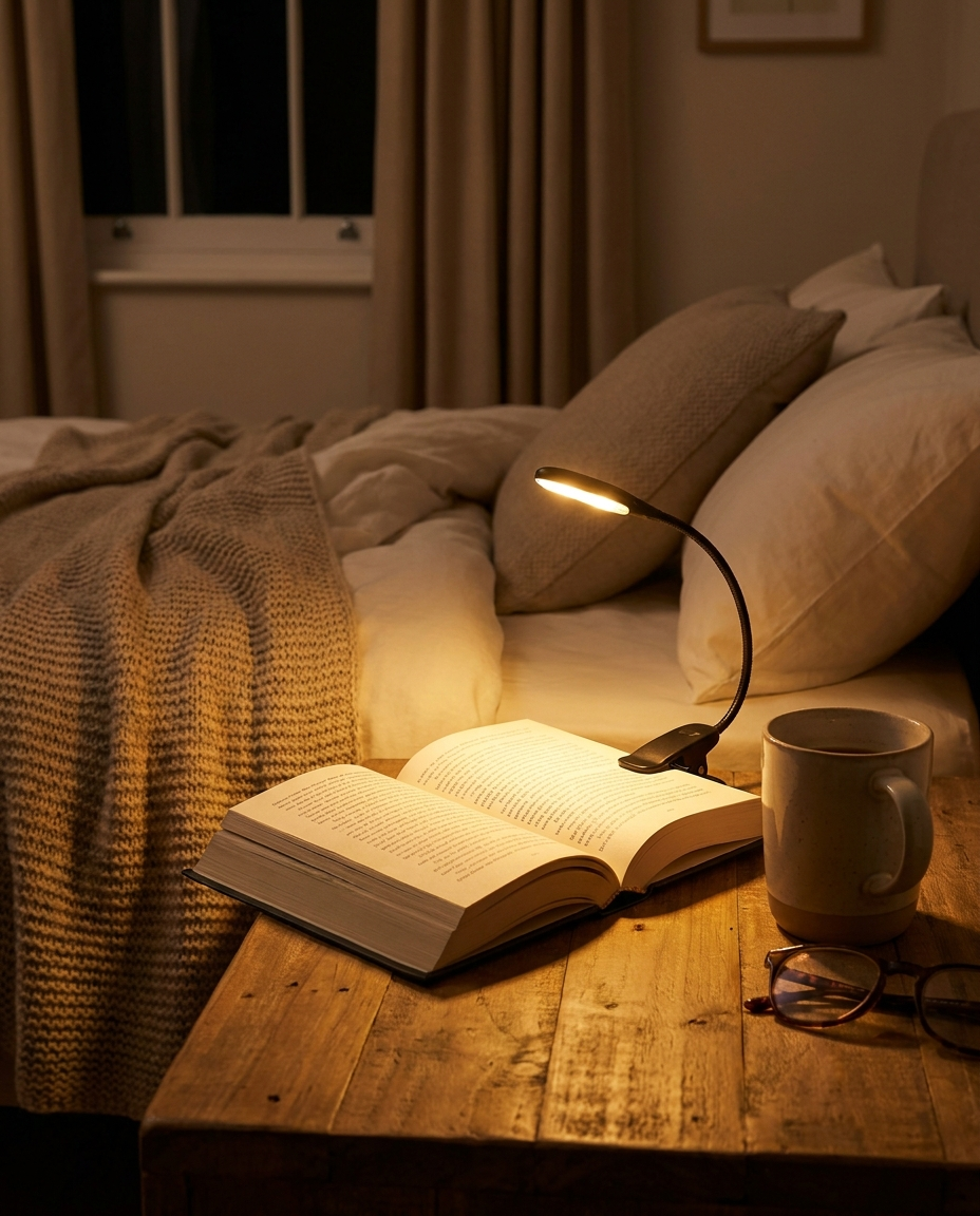 Hands-free reading light clipped onto a book at night