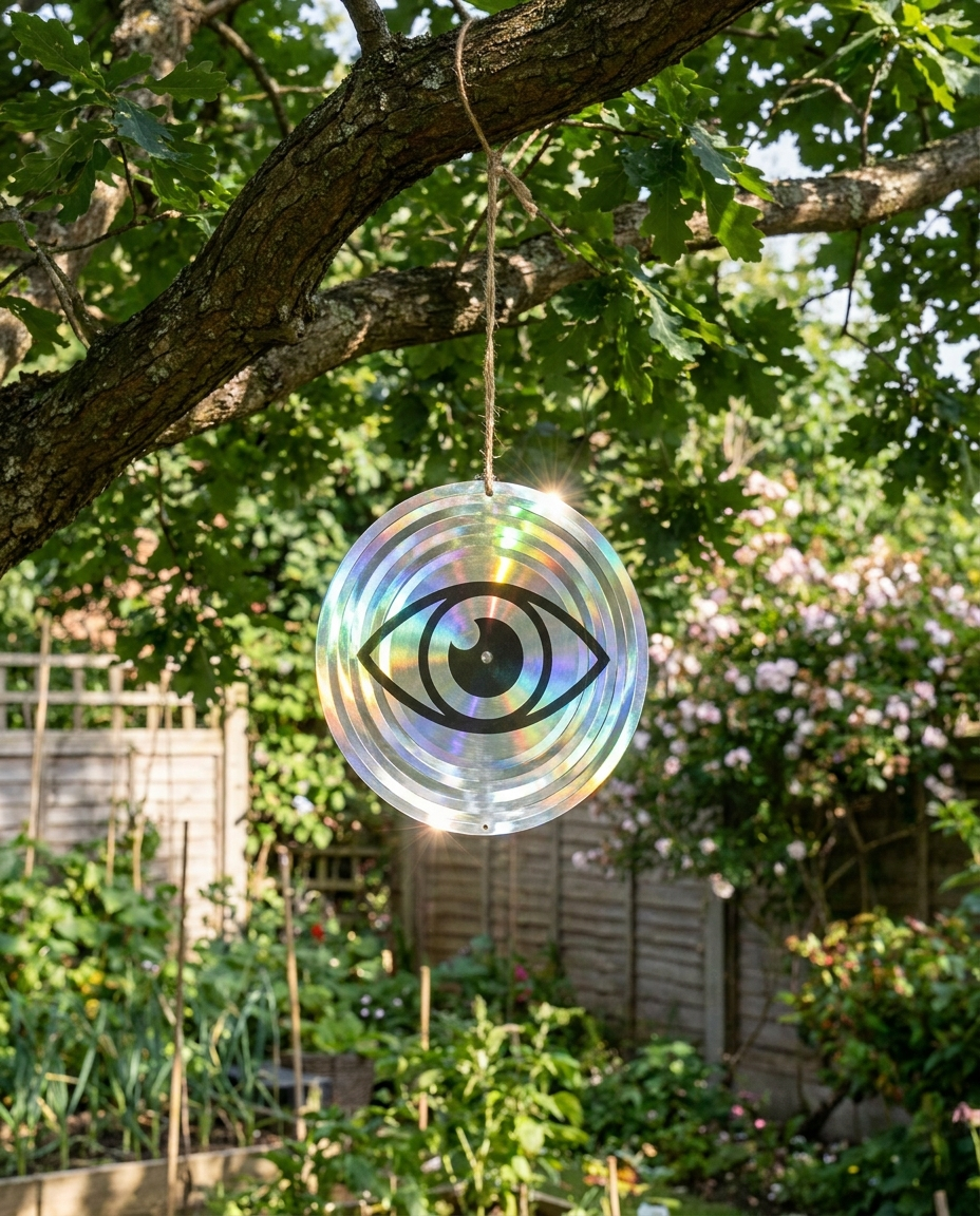 Reflective scare eye disc bird repeller hanging from a tree in a garden