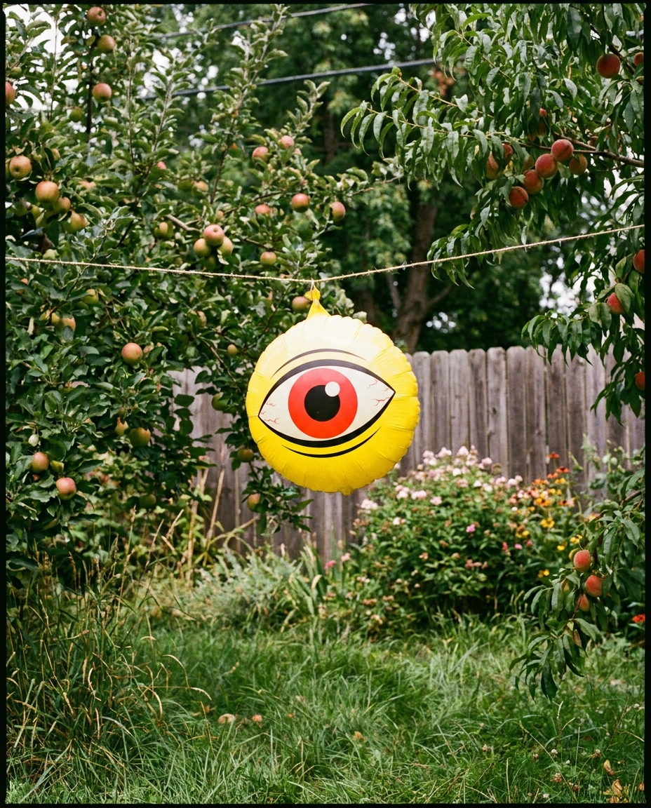 Inflatable scare eye balloon bird repeller hanging in a backyard garden