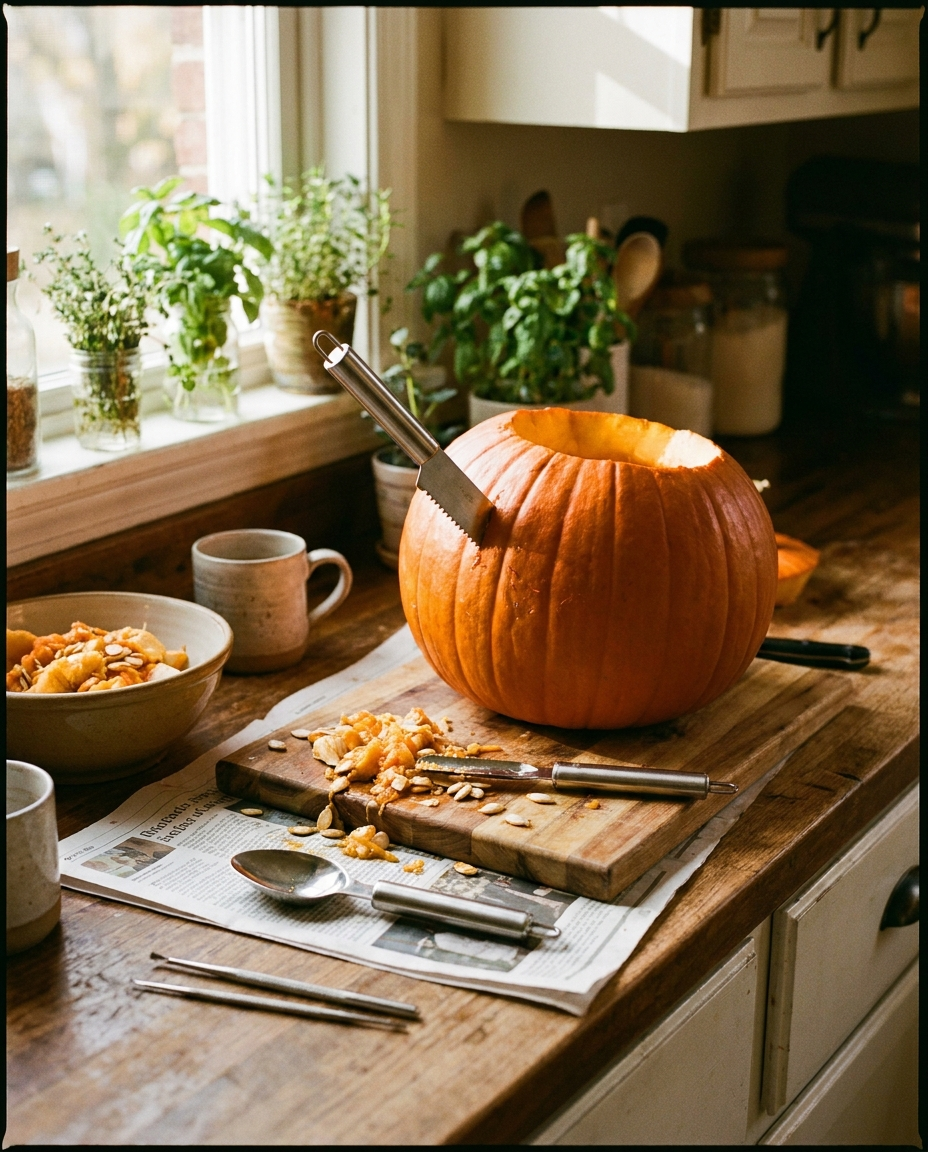 Stainless steel pumpkin cutting tool set in use carving a pumpkin