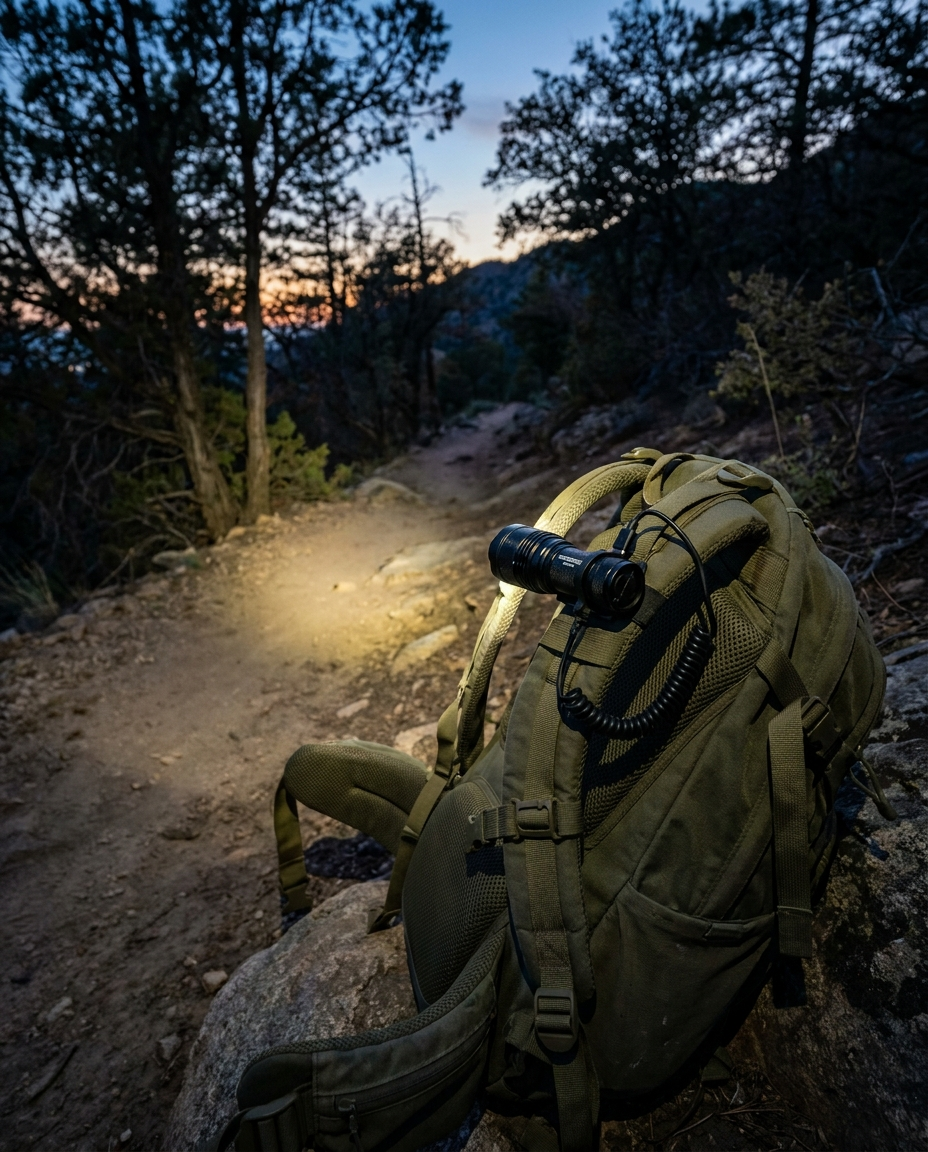 USB rechargeable headlamp worn during an outdoor hike at dusk