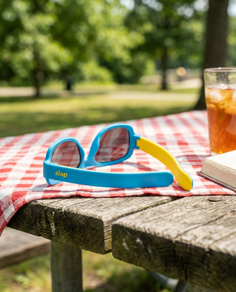 Folding slap sunglasses on an outdoor picnic table